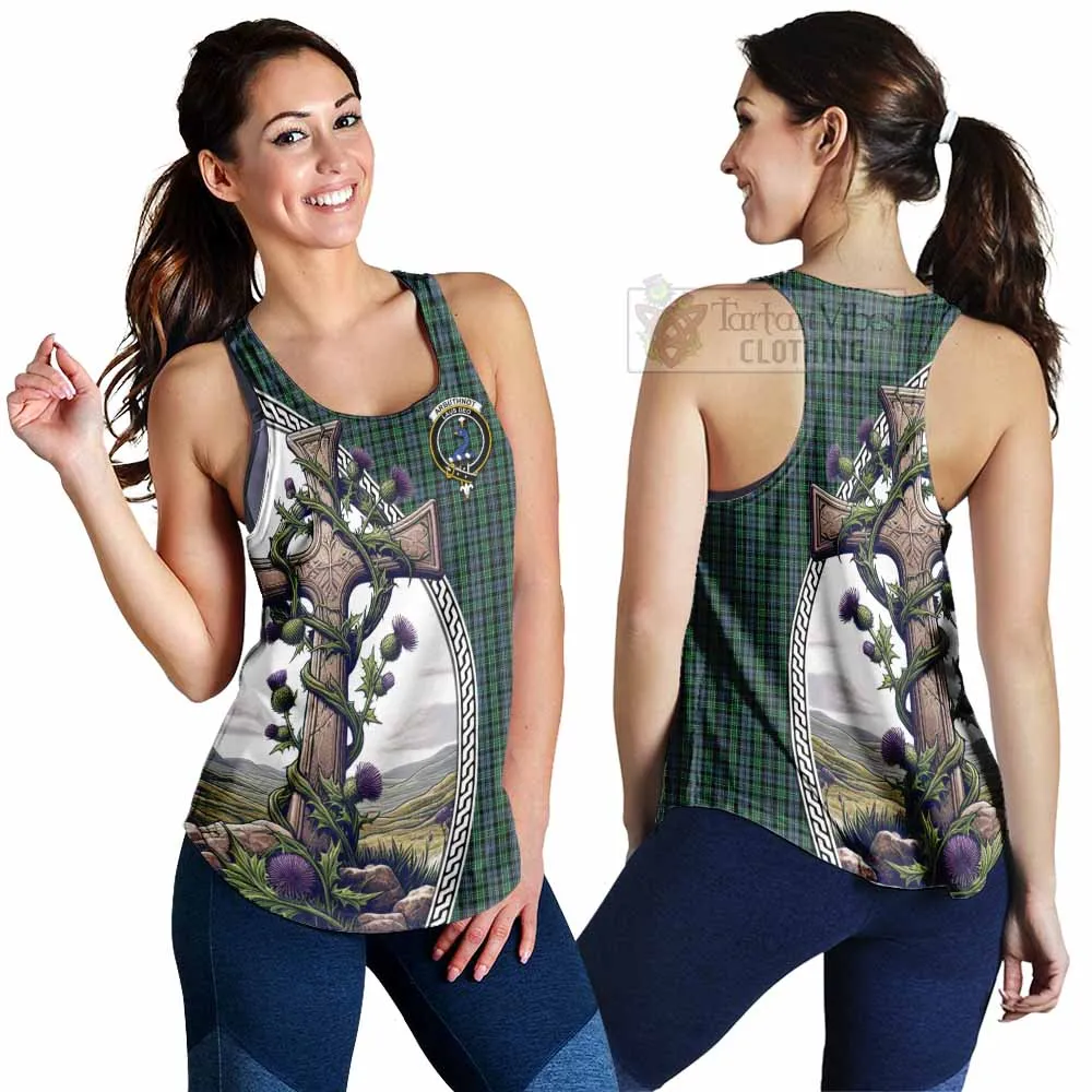 Arbuthnot Tartan Women's Racerback Tanks with Family Crest and St. Andrew's Cross Accented by Thistle Vines