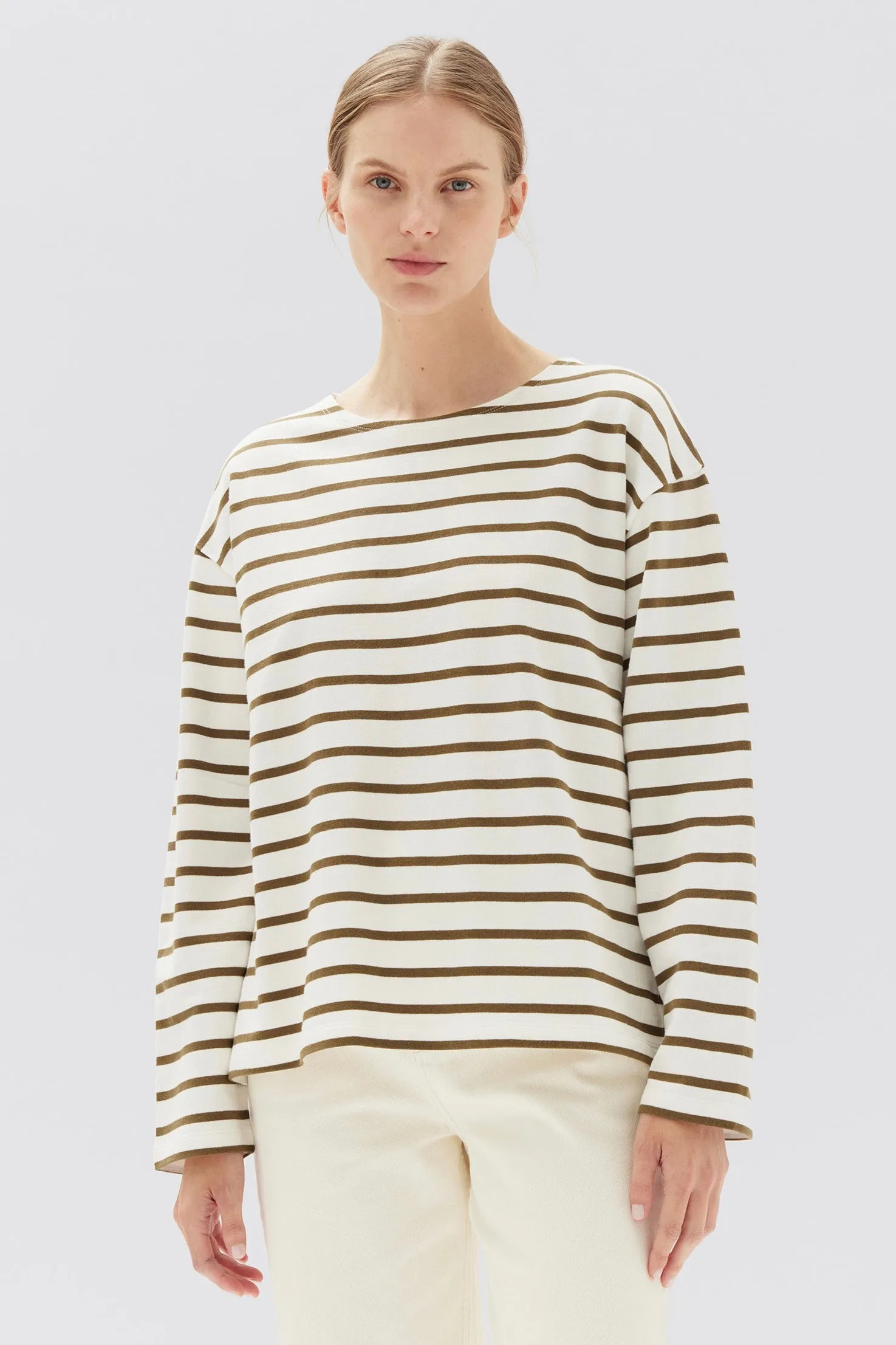 Bateau Tan White Stripe Organic LS Top