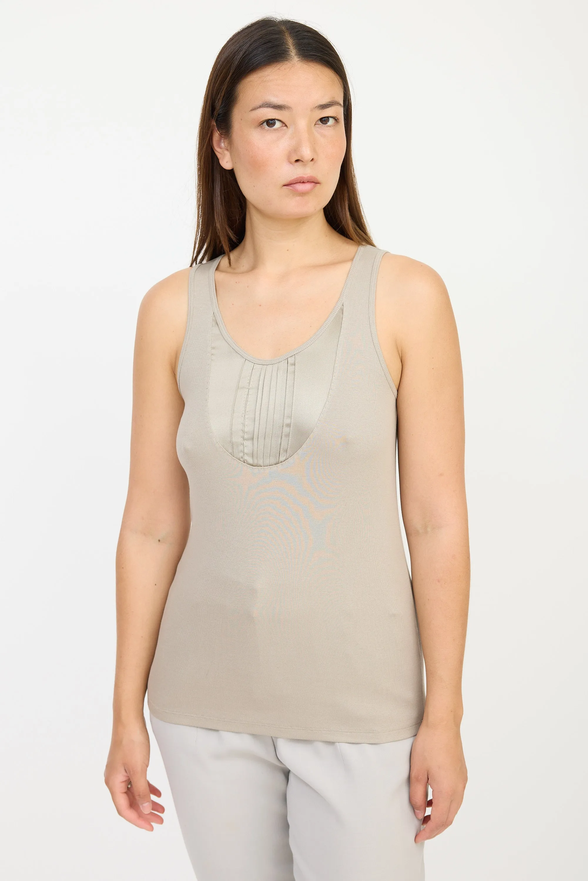 Beige Silk Pleated Ribbed Tank