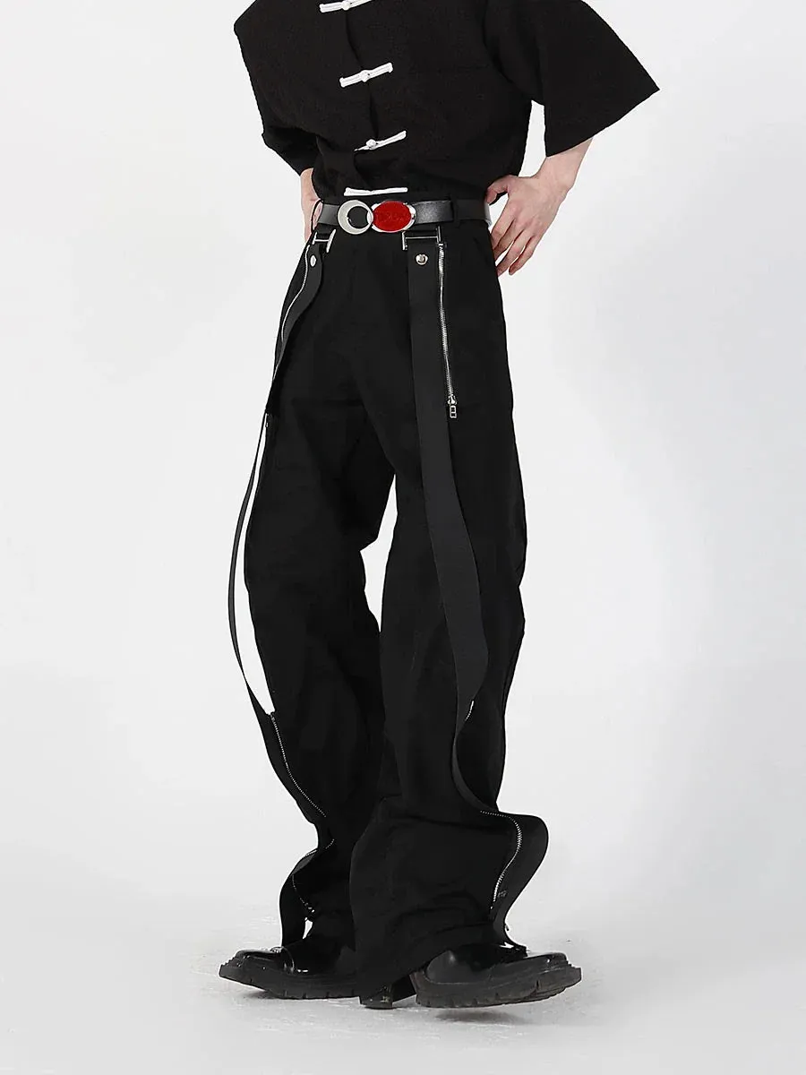 Black Casual Pants with Metal Zipper and Streamer Patchwork Design