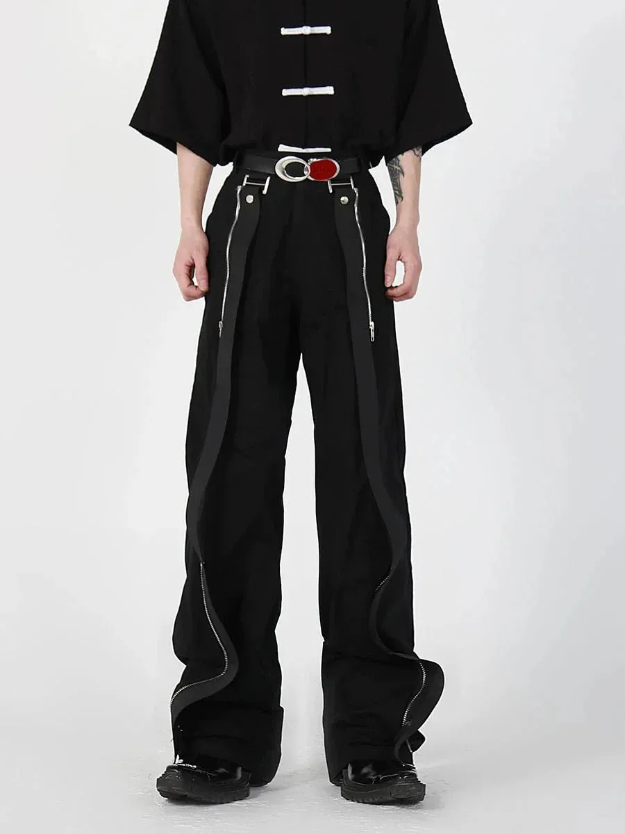 Black Casual Pants with Metal Zipper and Streamer Patchwork Design