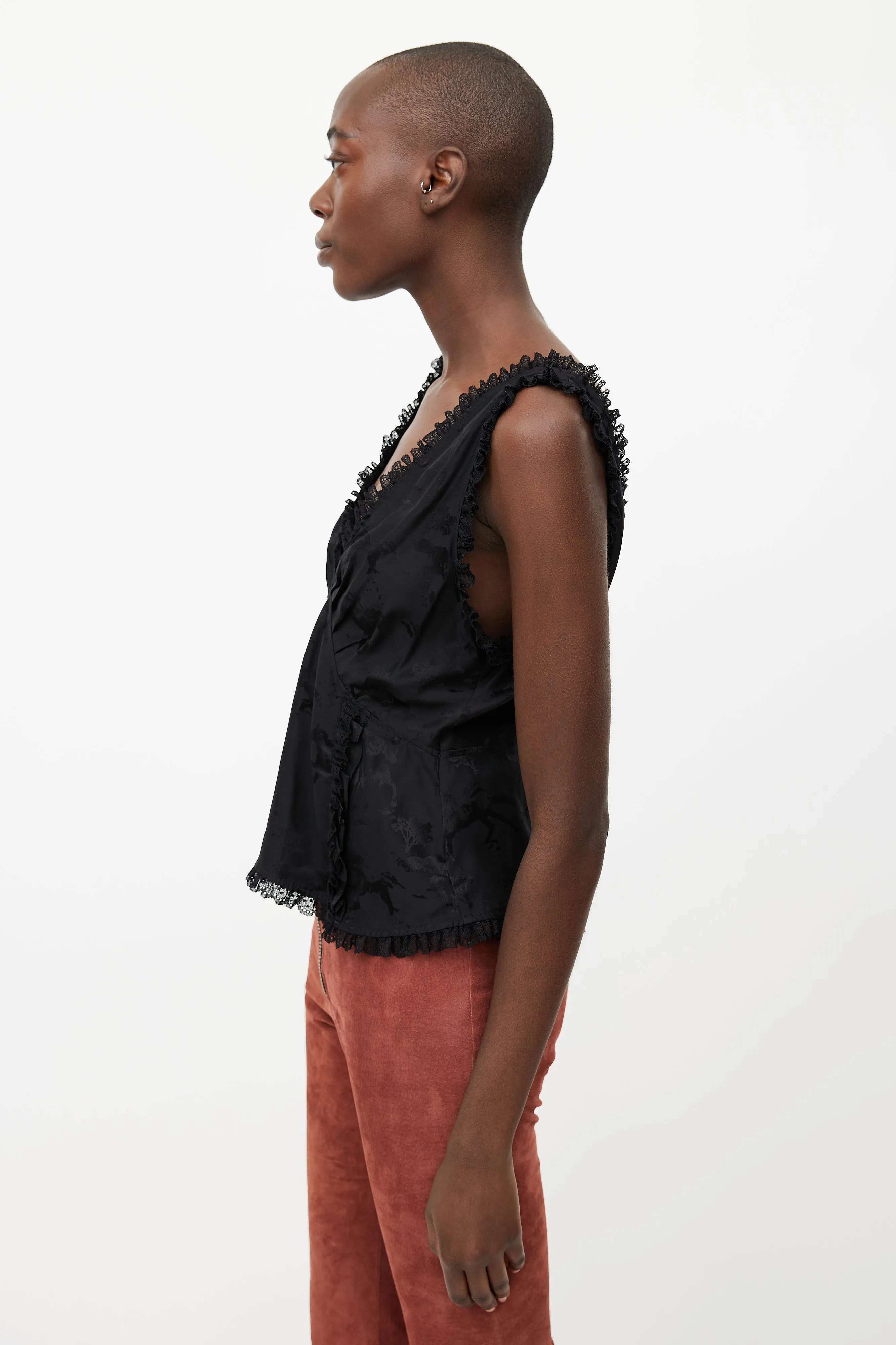 Black Print Ruffled Silk Top