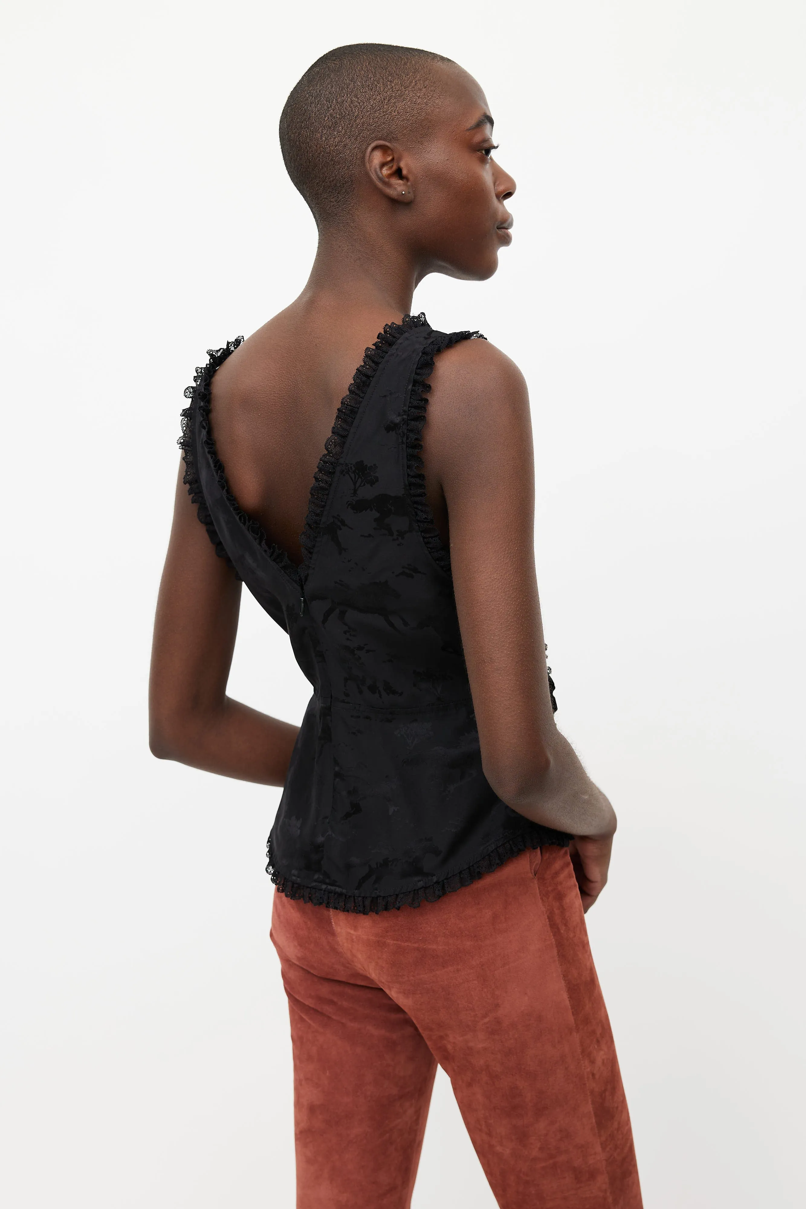 Black Print Ruffled Silk Top