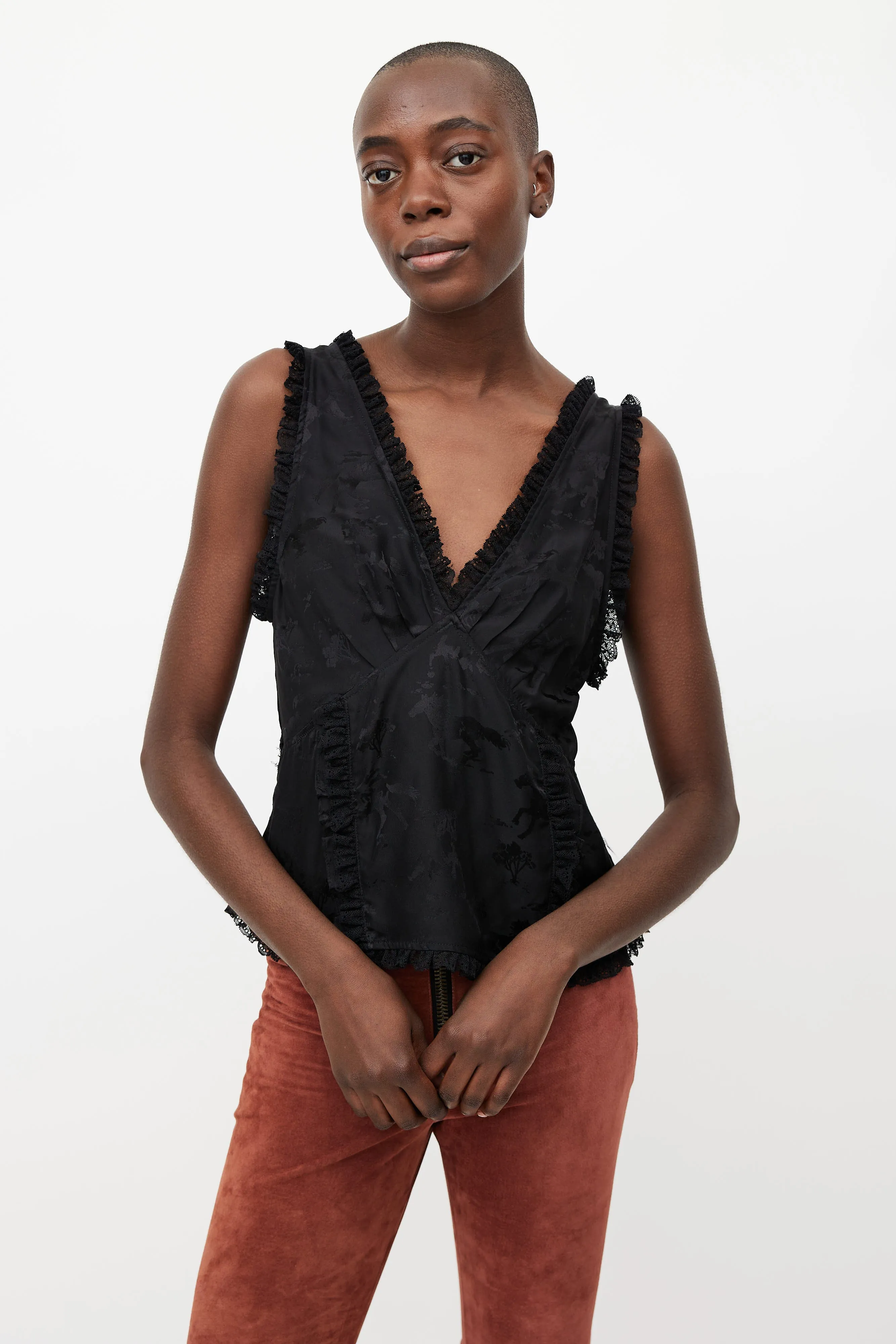 Black Print Ruffled Silk Top