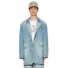 Blue Pistressed Denim Coat with Dissected Lines