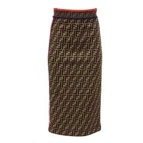 Brown FF Logo Print Midi Pencil Skirt