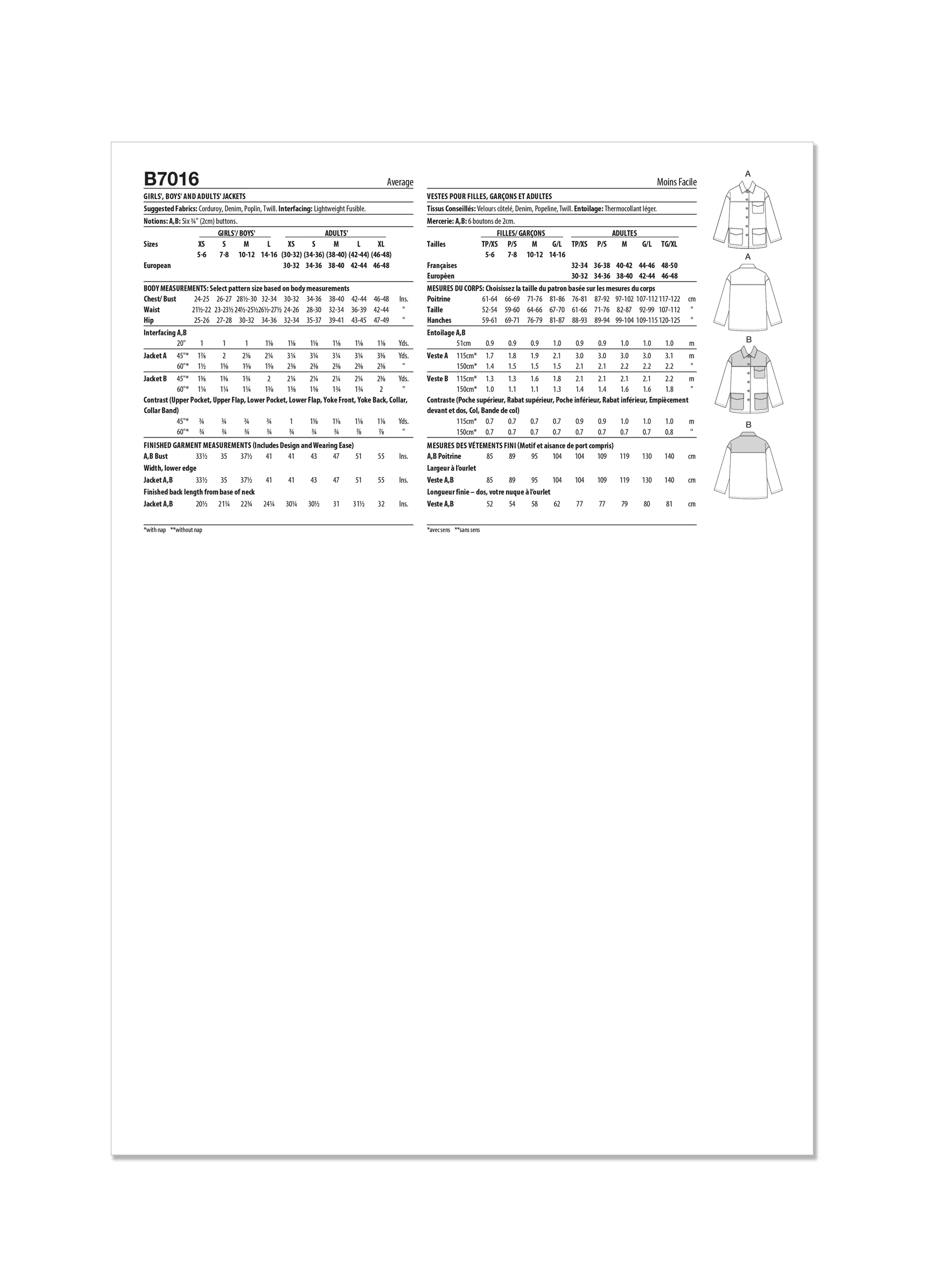 Butterick sewing pattern B7016 Girls', Boys' and Adults' Jackets