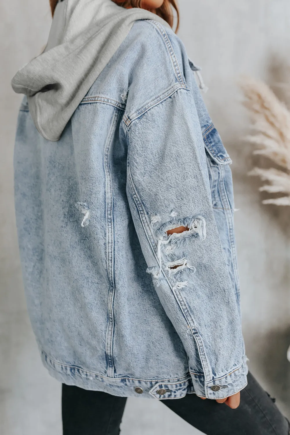 Button Closure Ripped Hooded Denim Jacket