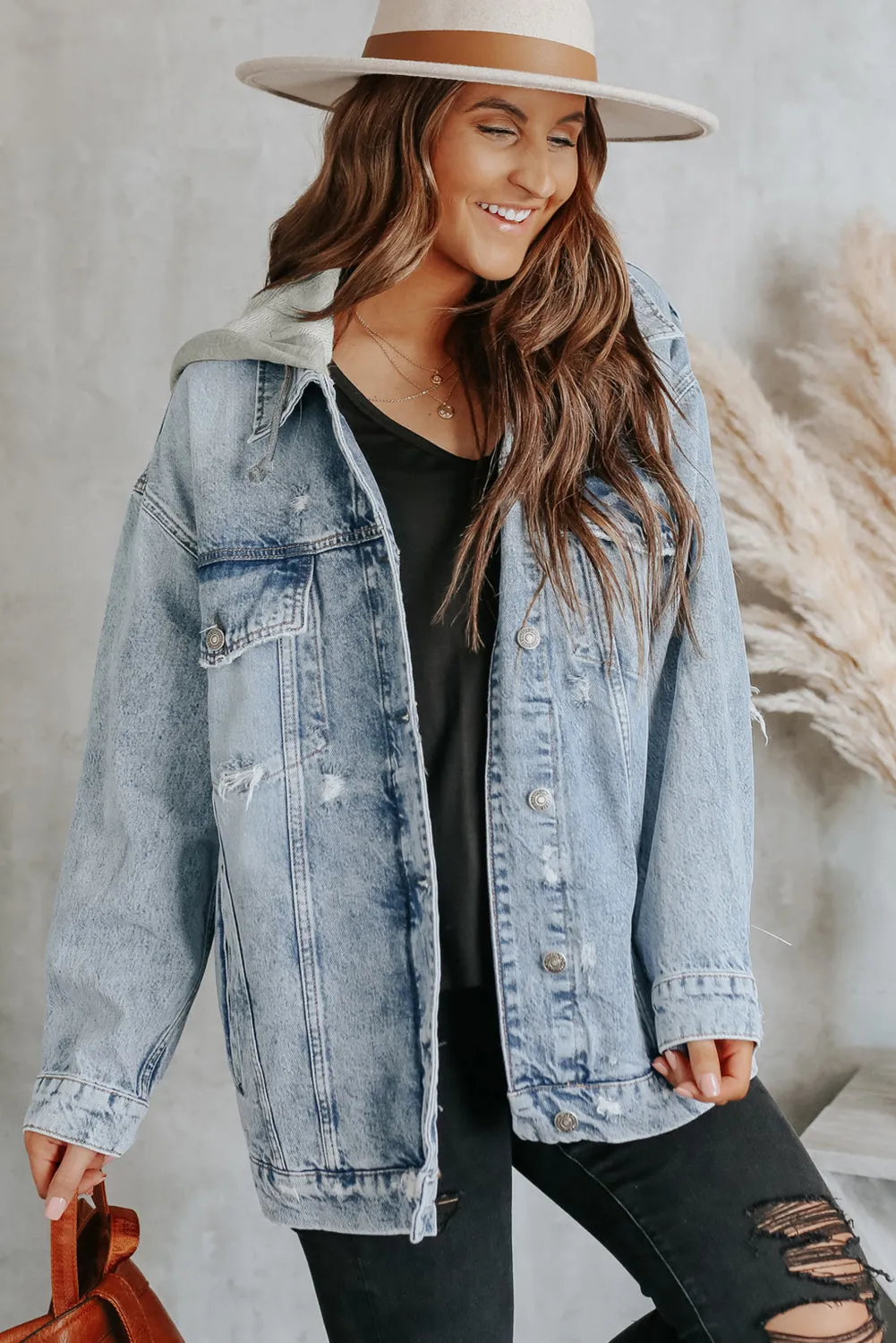 Button Closure Ripped Hooded Denim Jacket