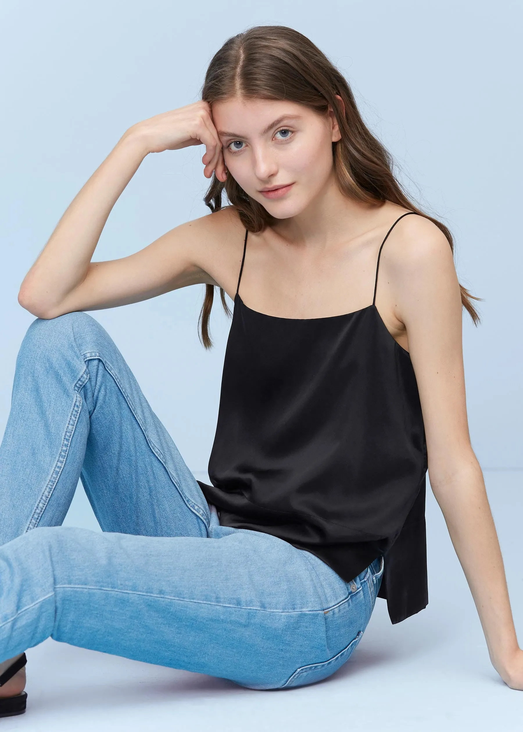 Casual Flat Neck Loose Silk Camisoles Black LILYSILK Factory