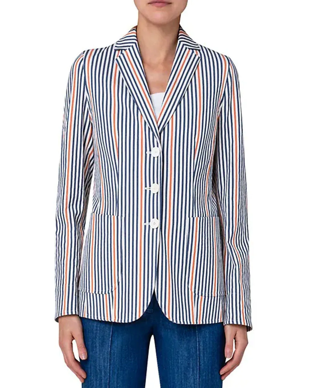 Cream and Navy Stripe Stretch Cotton Gabardine Jacket