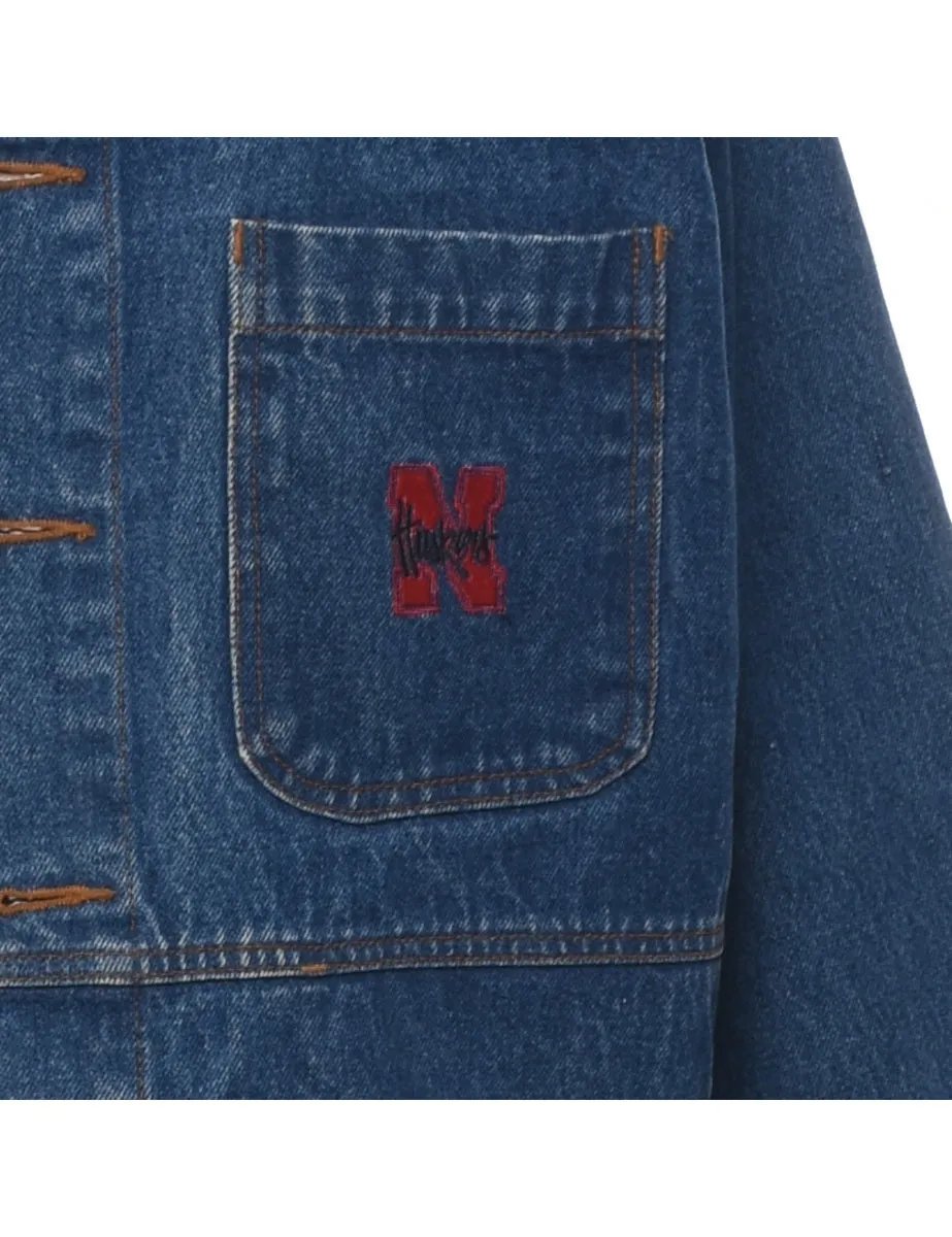 Embroidered Huskers Dark Wash Denim Jacket - L