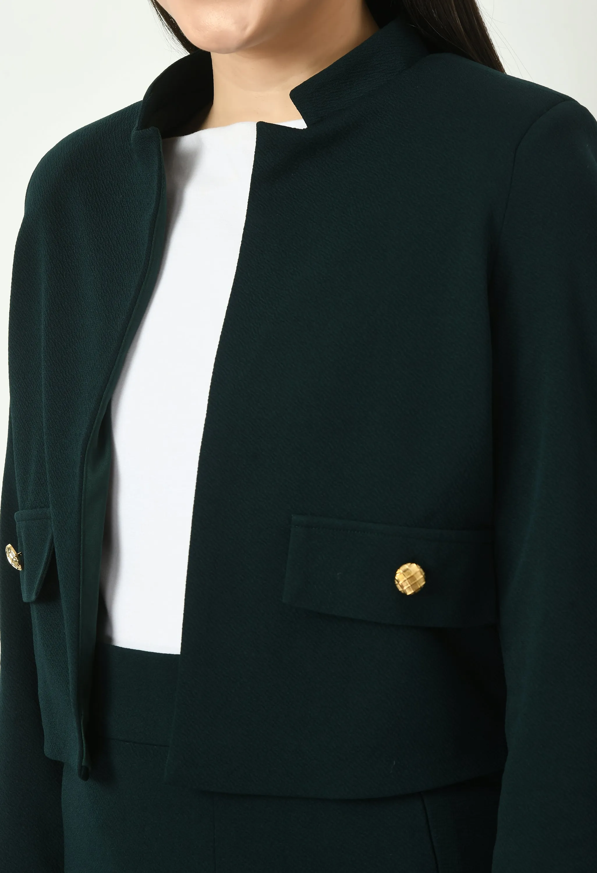 Emerald Green Cotton Blend Triumph Mandarin Collar Crop Blazer