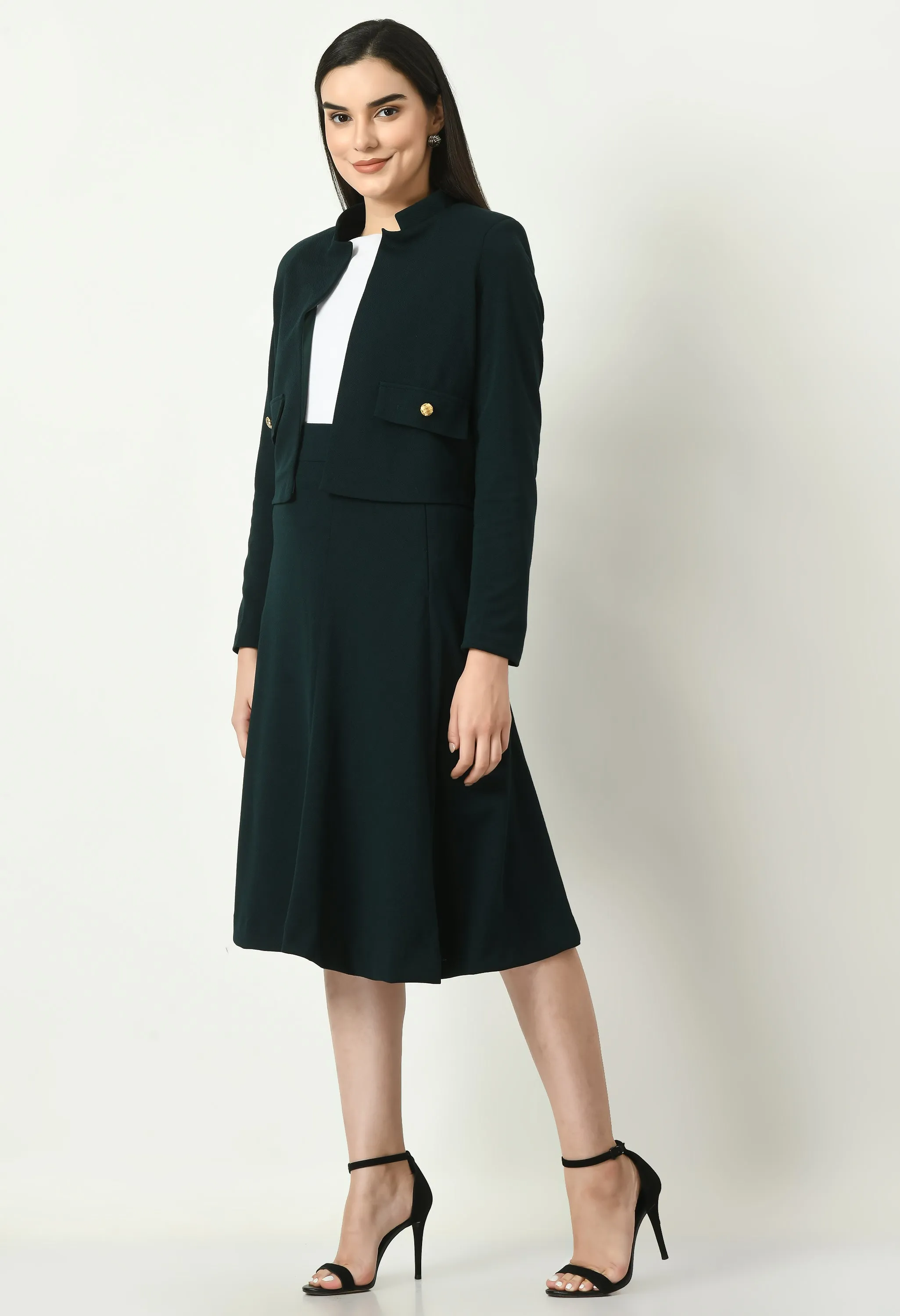 Emerald Green Cotton Blend Triumph Mandarin Collar Crop Blazer