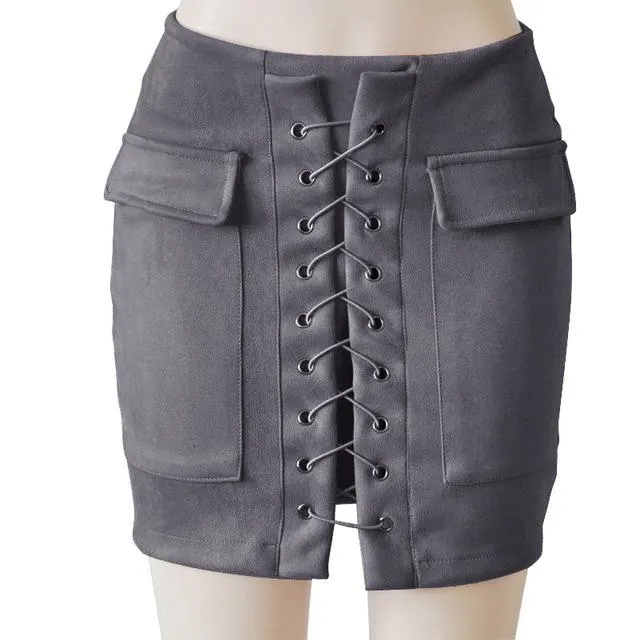 Fashion Womens Autumn Lace-up Leather Suede Pencil Skirts Winter Cross High Waist Mini Skirt Zipper Split Bodycon Short Skirts