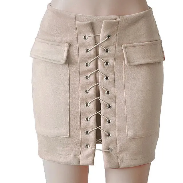 Fashion Womens Autumn Lace-up Leather Suede Pencil Skirts Winter Cross High Waist Mini Skirt Zipper Split Bodycon Short Skirts