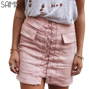 Fashion Womens Autumn Lace-up Leather Suede Pencil Skirts Winter Cross High Waist Mini Skirt Zipper Split Bodycon Short Skirts