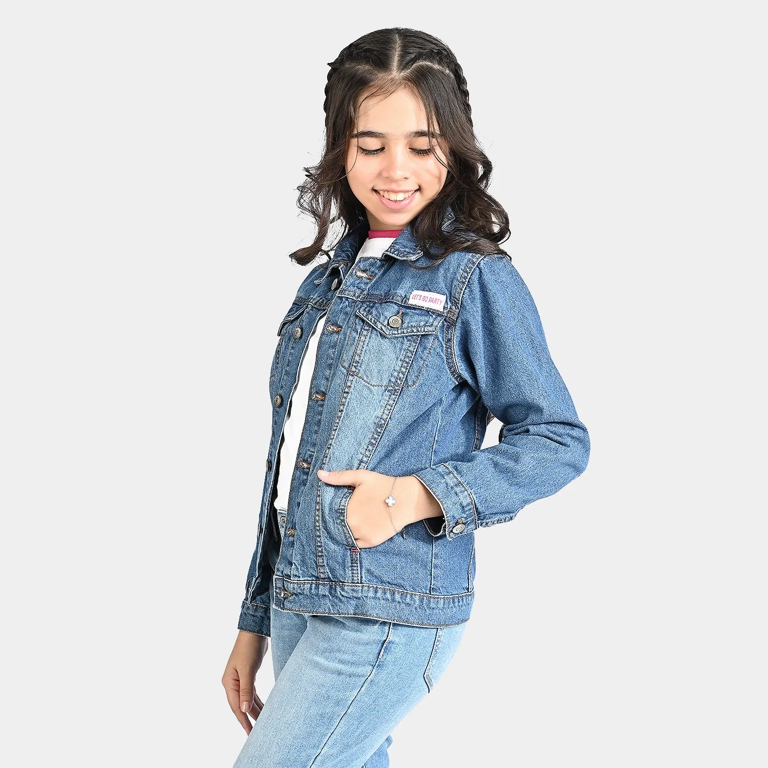 Girls Denim rigid Woven Jacket-Mid Blue