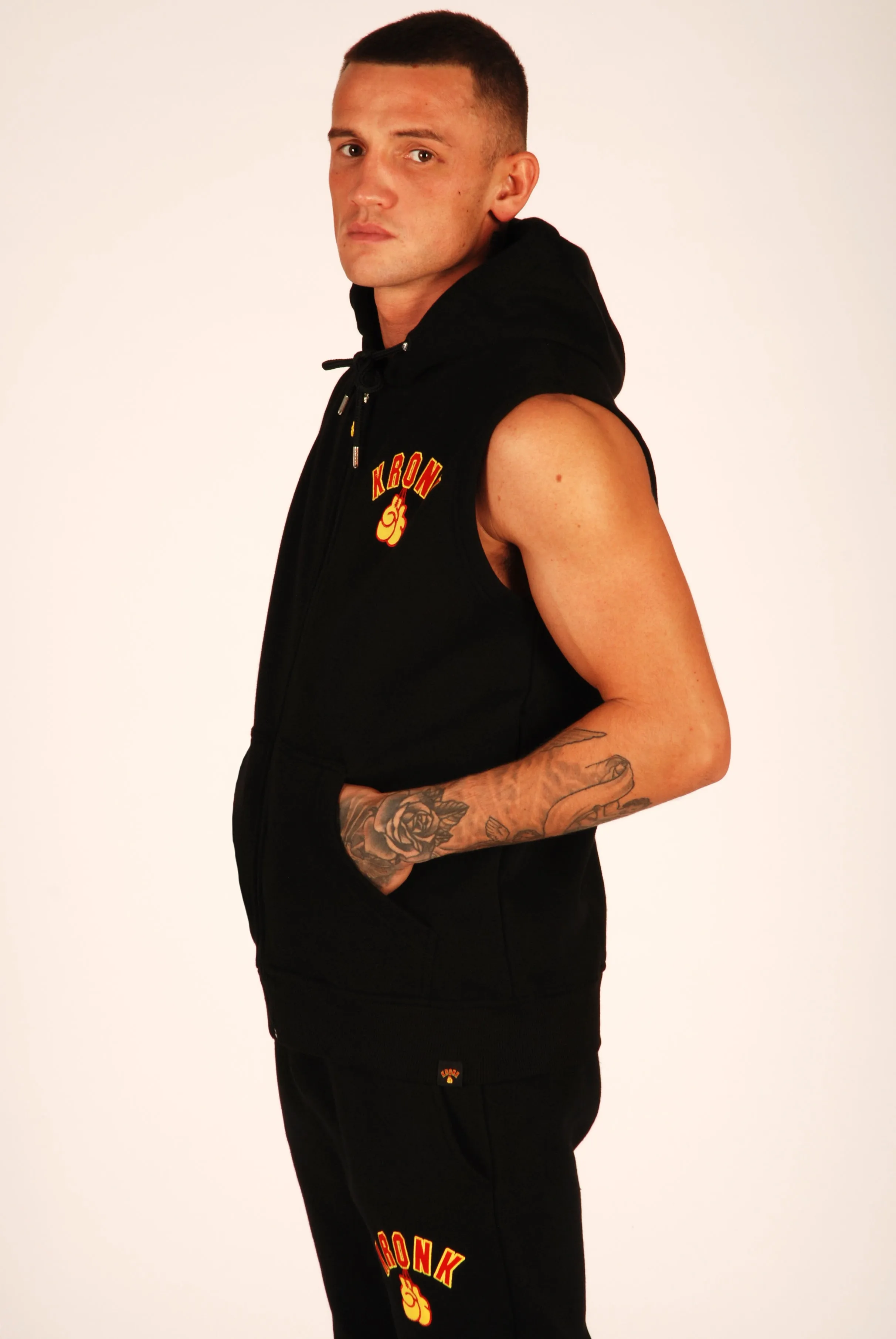 KRONK Gloves Applique Zip through Sleeveless Hoodie Black