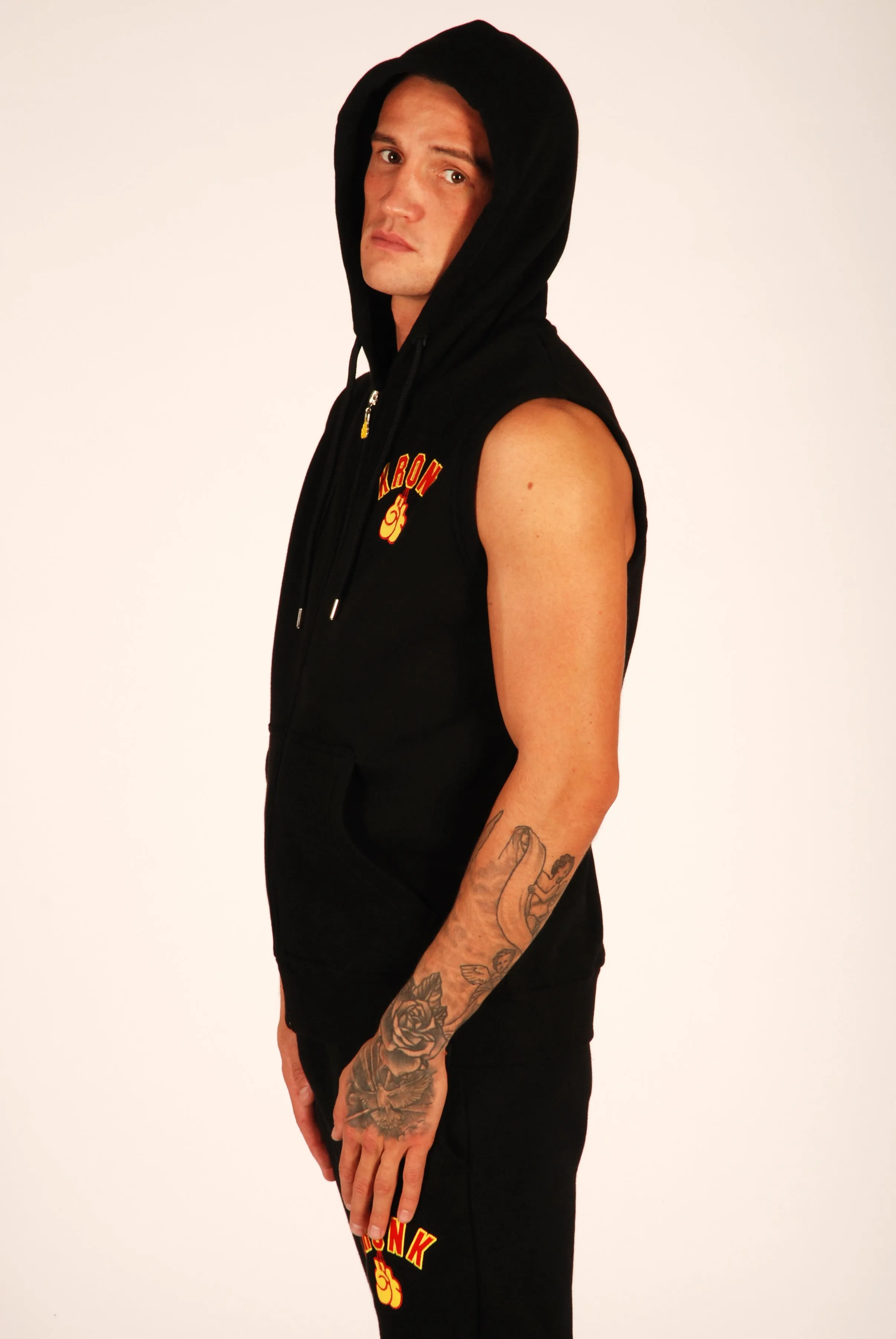 KRONK Gloves Applique Zip through Sleeveless Hoodie Black