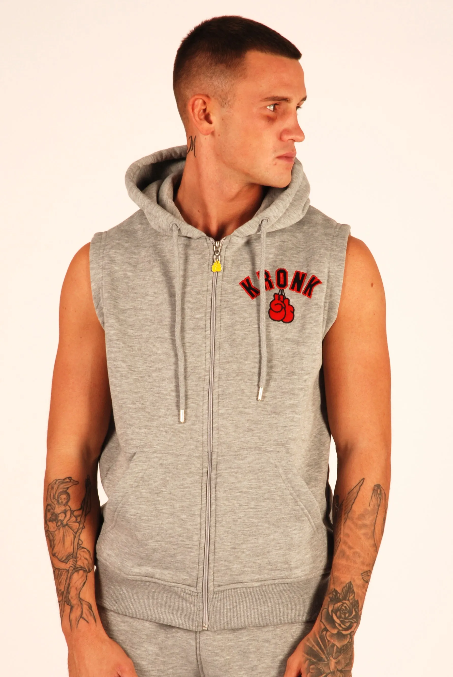 KRONK Gloves Applique Zip through Sleeveless Hoodie Sports Grey