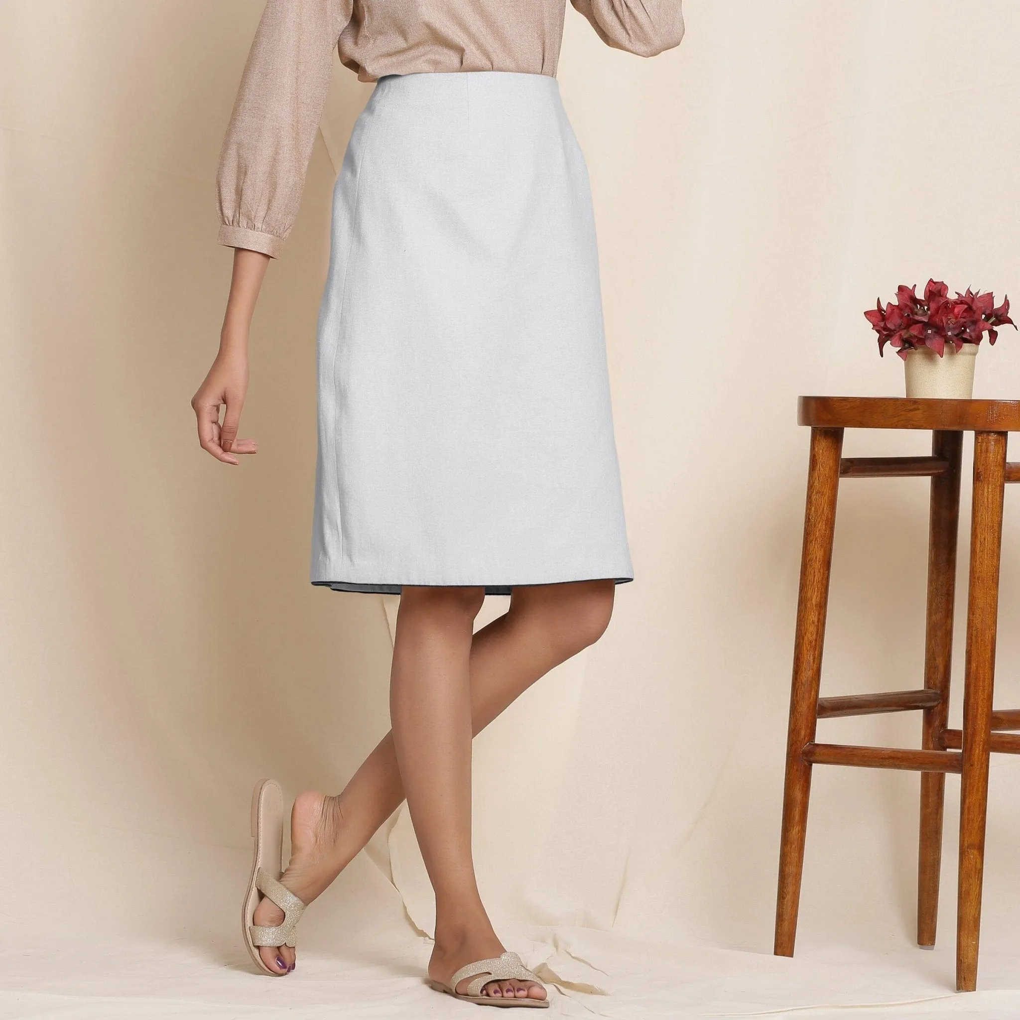 Light Grey Warm Cotton Flannel Knee-Length Pencil Skirt