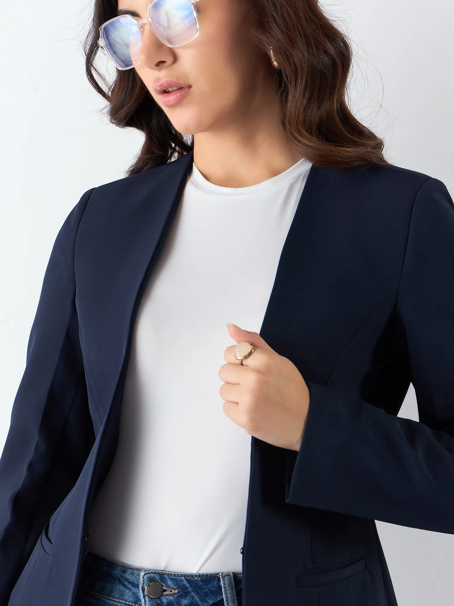 Navy Blue Poly Viscose Minimalist Regular Fit Blazer