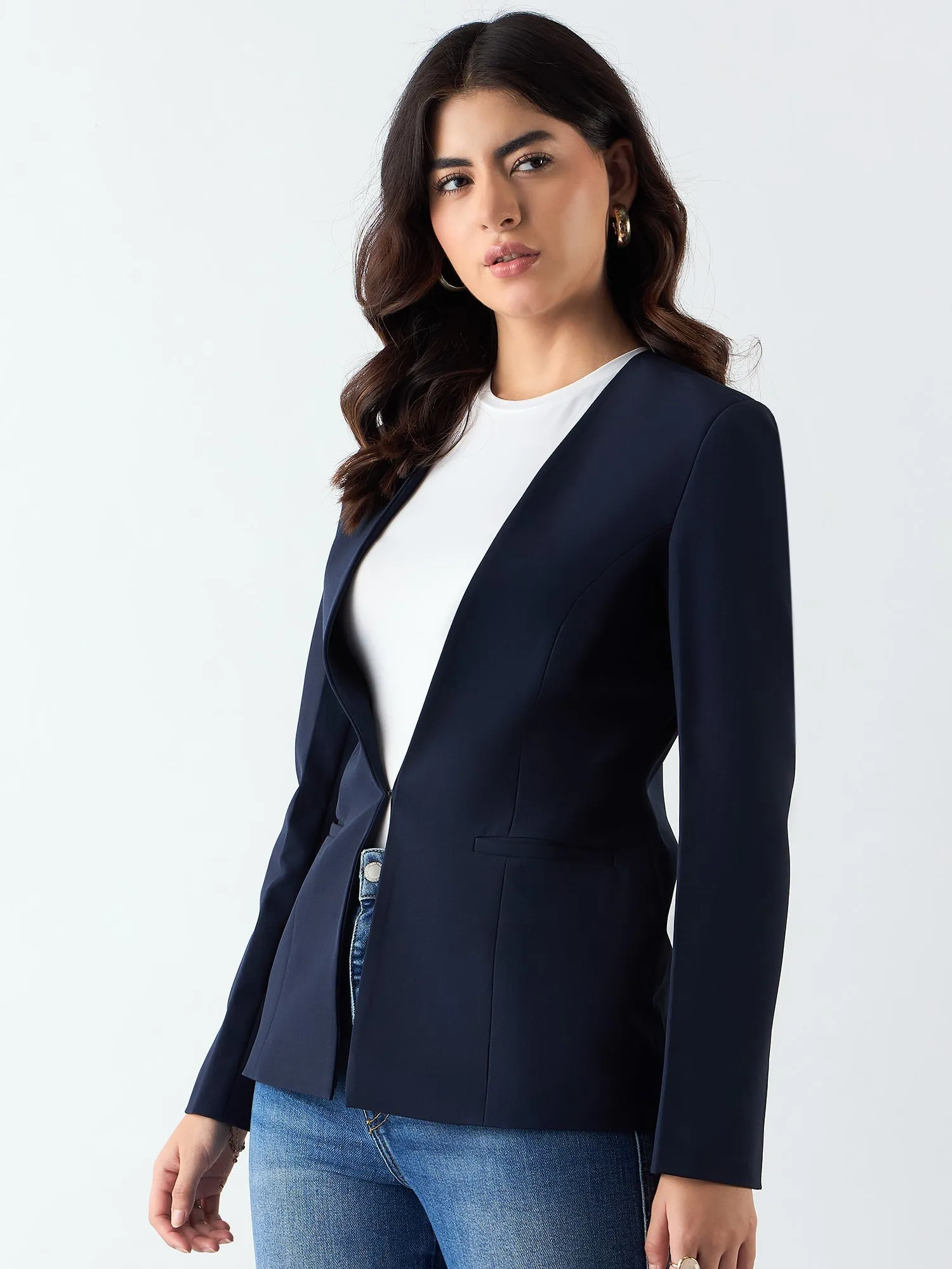 Navy Blue Poly Viscose Minimalist Regular Fit Blazer