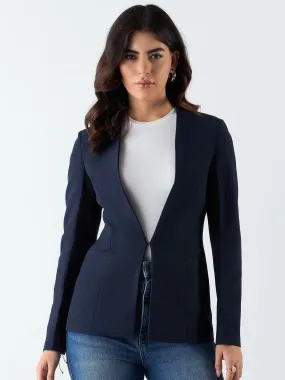 Navy Blue Poly Viscose Minimalist Regular Fit Blazer