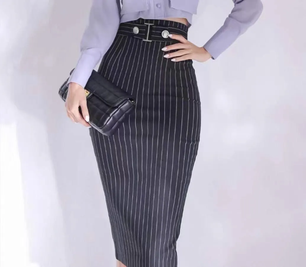 Navy Striped Midi Buckle Pencil Skirt