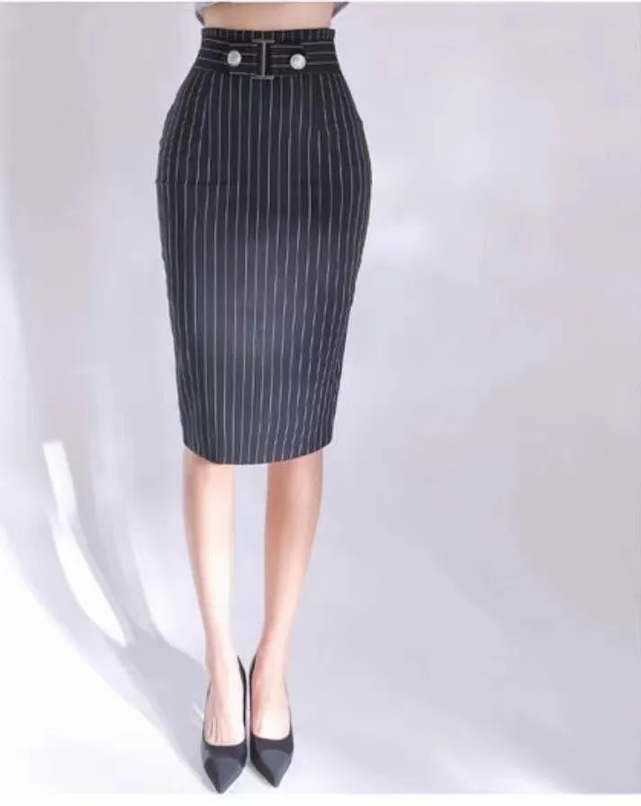 Navy Striped Midi Buckle Pencil Skirt