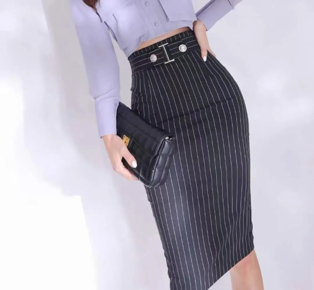 Navy Striped Midi Buckle Pencil Skirt