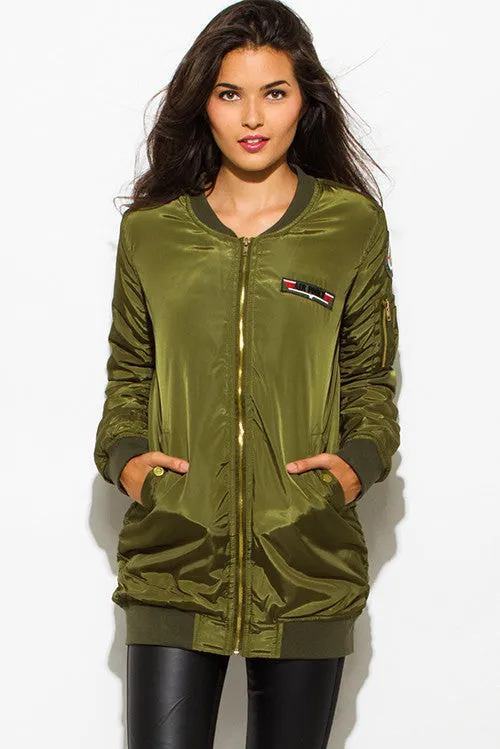 OLIVE GREEN MILITARY POCKETED PATCH EMBROIDERED PUFF BOMBER COAT JACKET