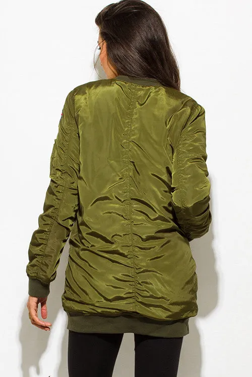 OLIVE GREEN MILITARY POCKETED PATCH EMBROIDERED PUFF BOMBER COAT JACKET