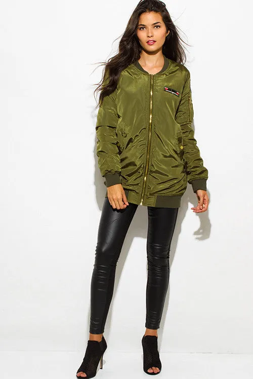 OLIVE GREEN MILITARY POCKETED PATCH EMBROIDERED PUFF BOMBER COAT JACKET