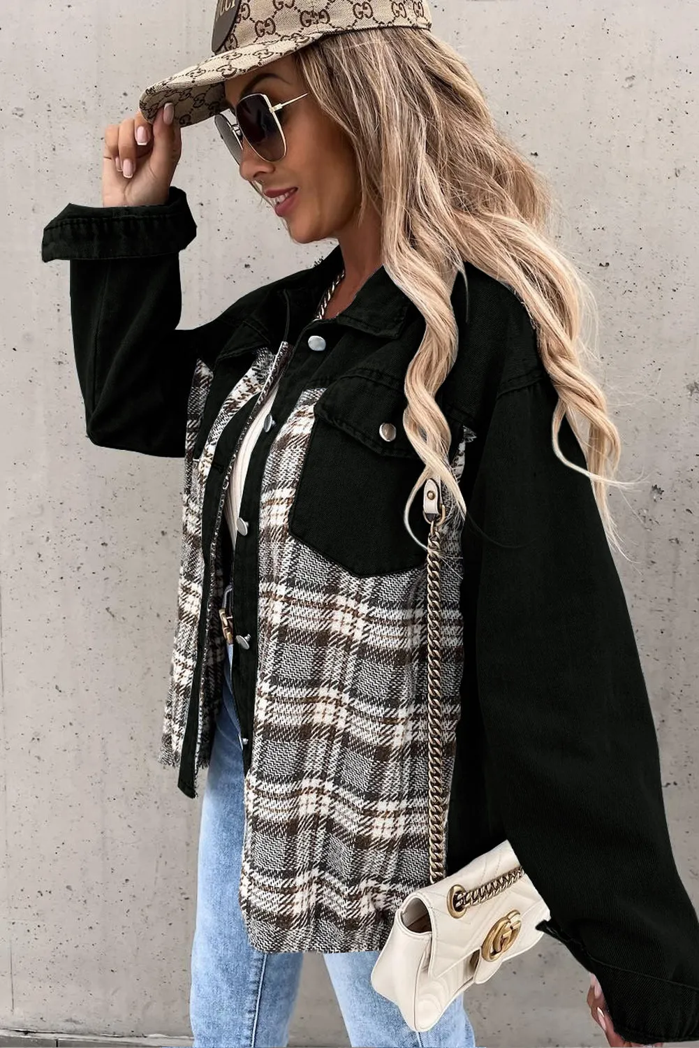 Plaid Patchwork Buttoned Pockets Denim Jacket