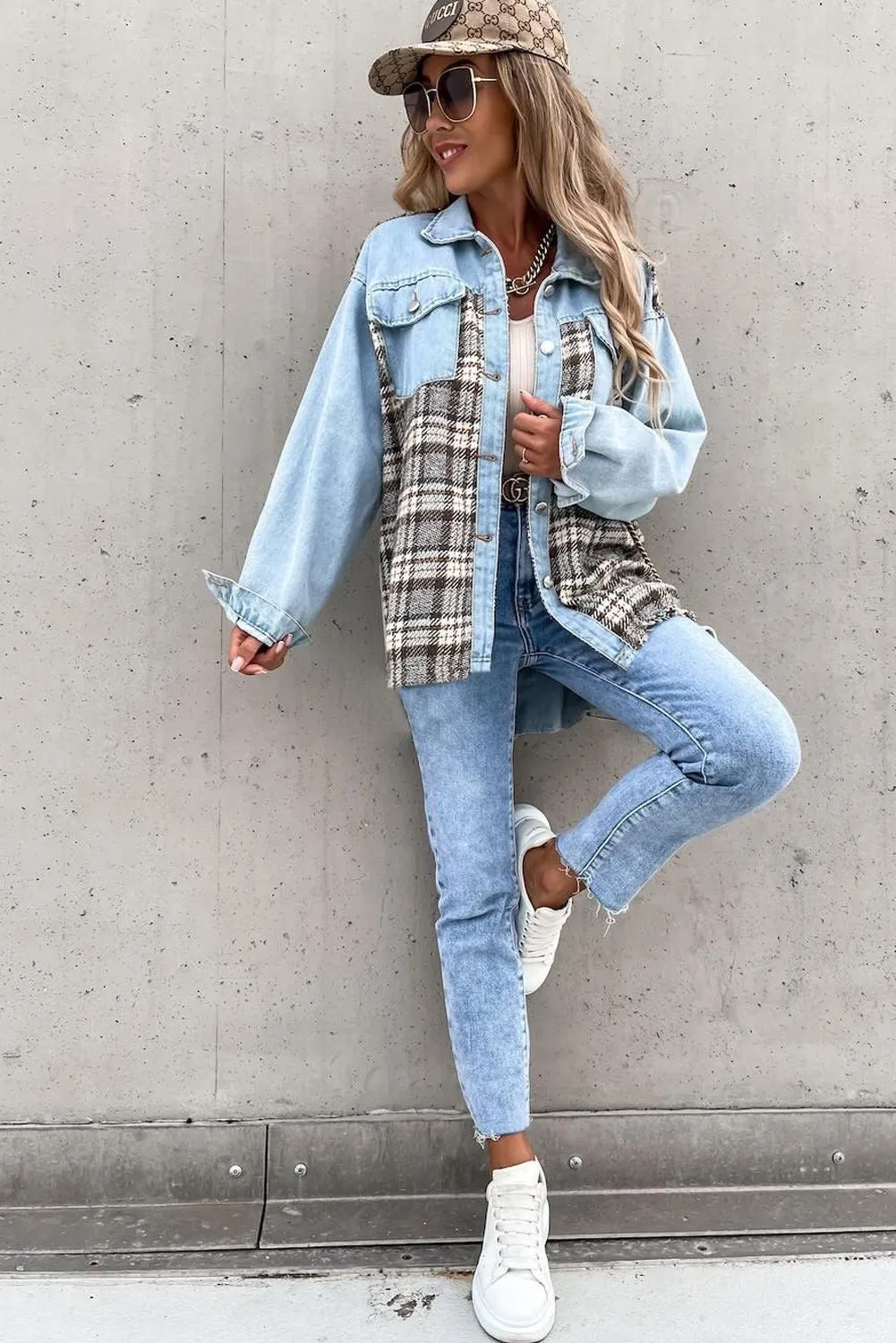 Plaid Patchwork Buttoned Pockets Denim Jacket