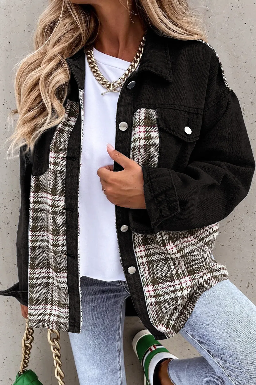 Plaid Patchwork Buttoned Pockets Denim Jacket