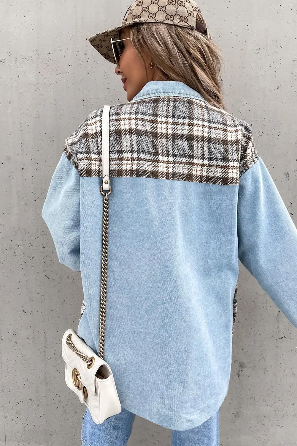 Plaid Patchwork Buttoned Pockets Denim Jacket