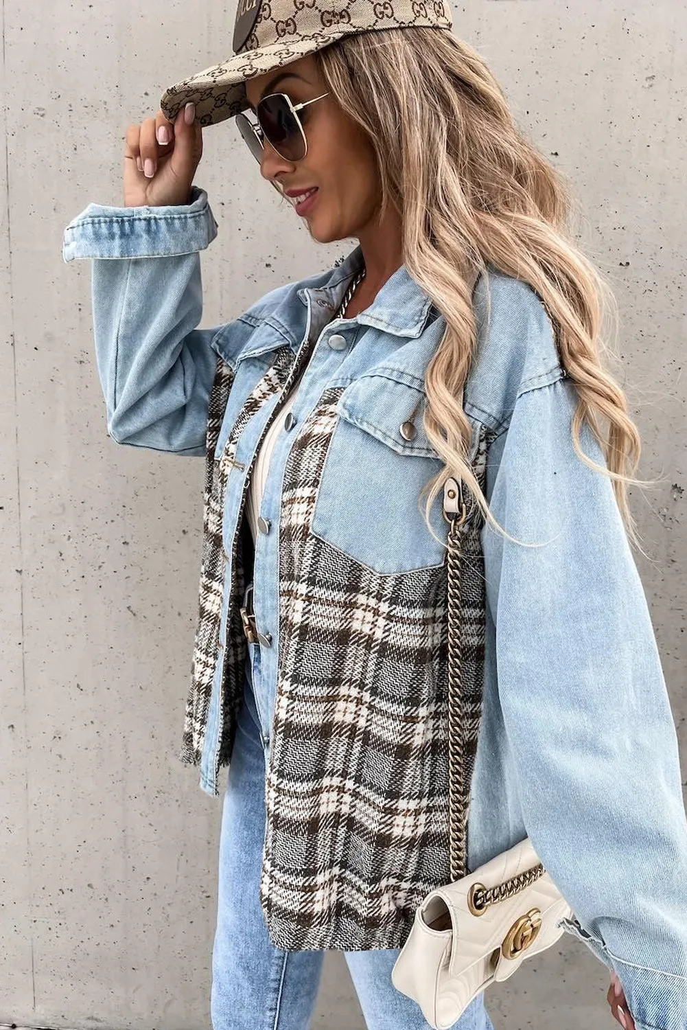 Plaid Patchwork Buttoned Pockets Denim Jacket