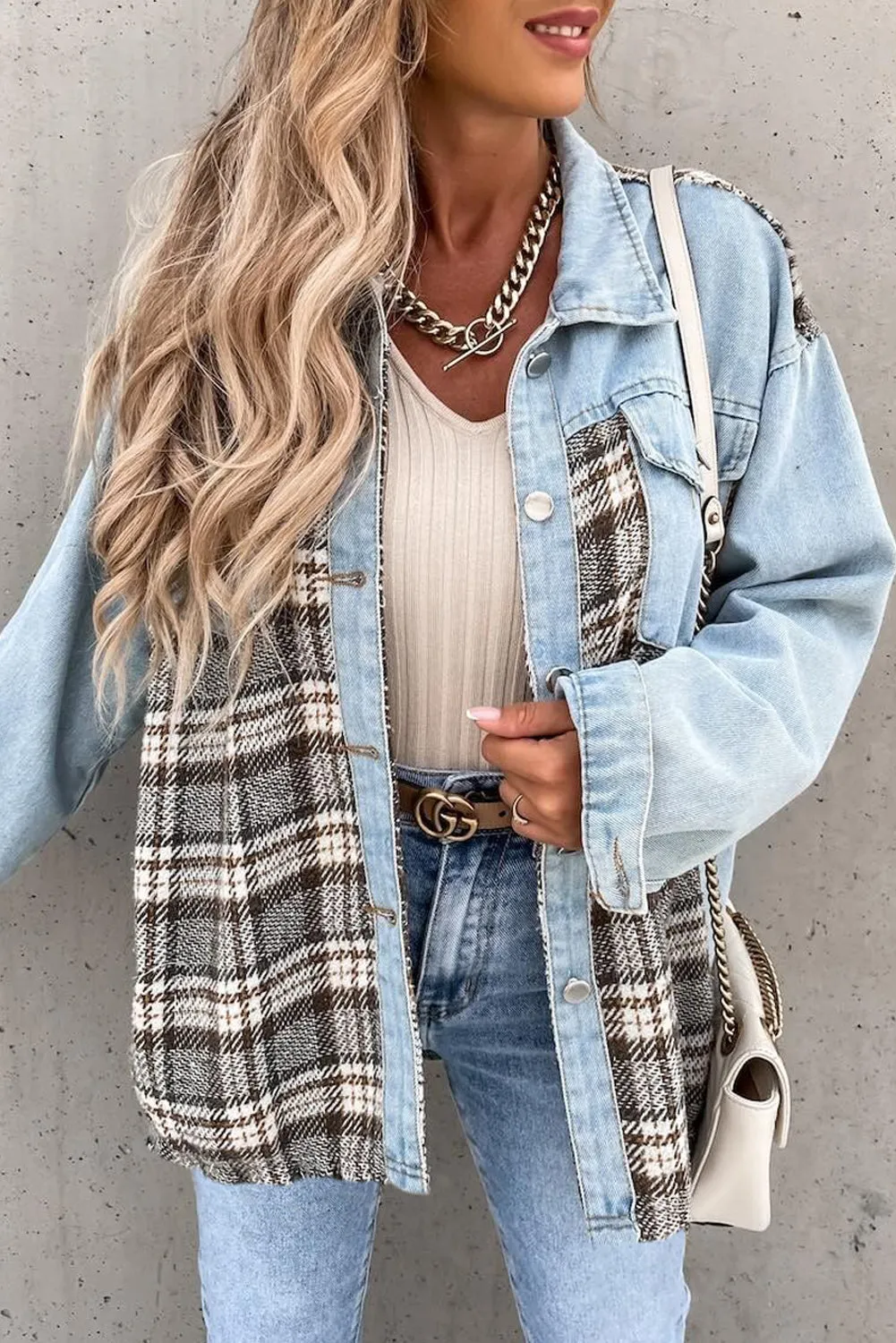 Plaid Patchwork Buttoned Pockets Denim Jacket