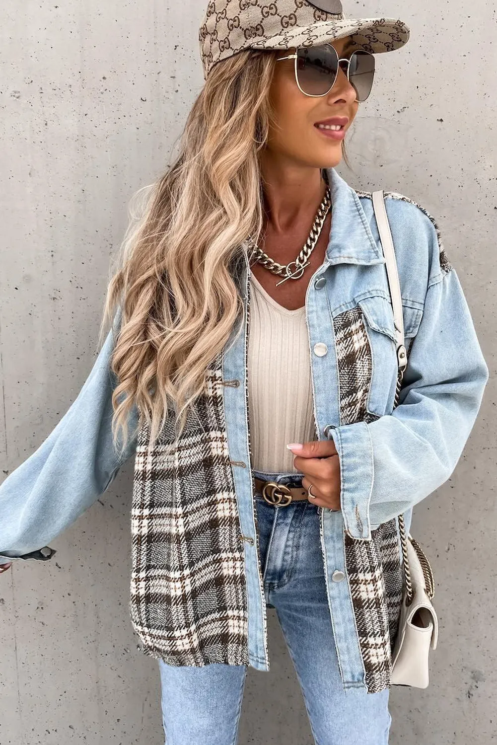 Plaid Patchwork Buttoned Pockets Denim Jacket