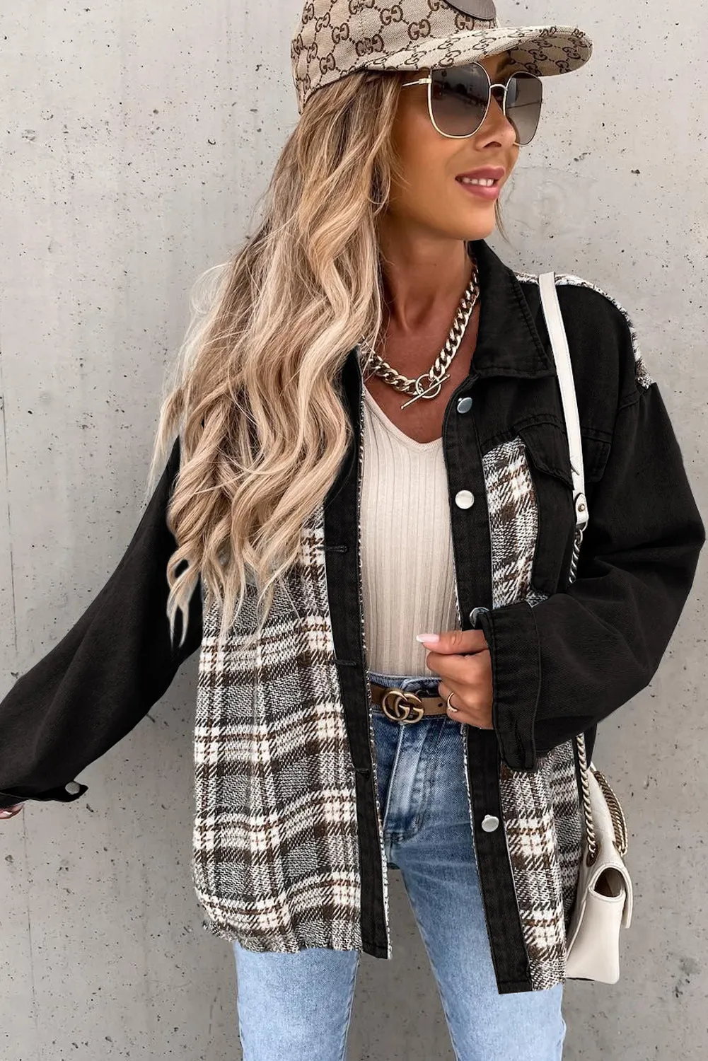 Plaid Patchwork Buttoned Pockets Denim Jacket