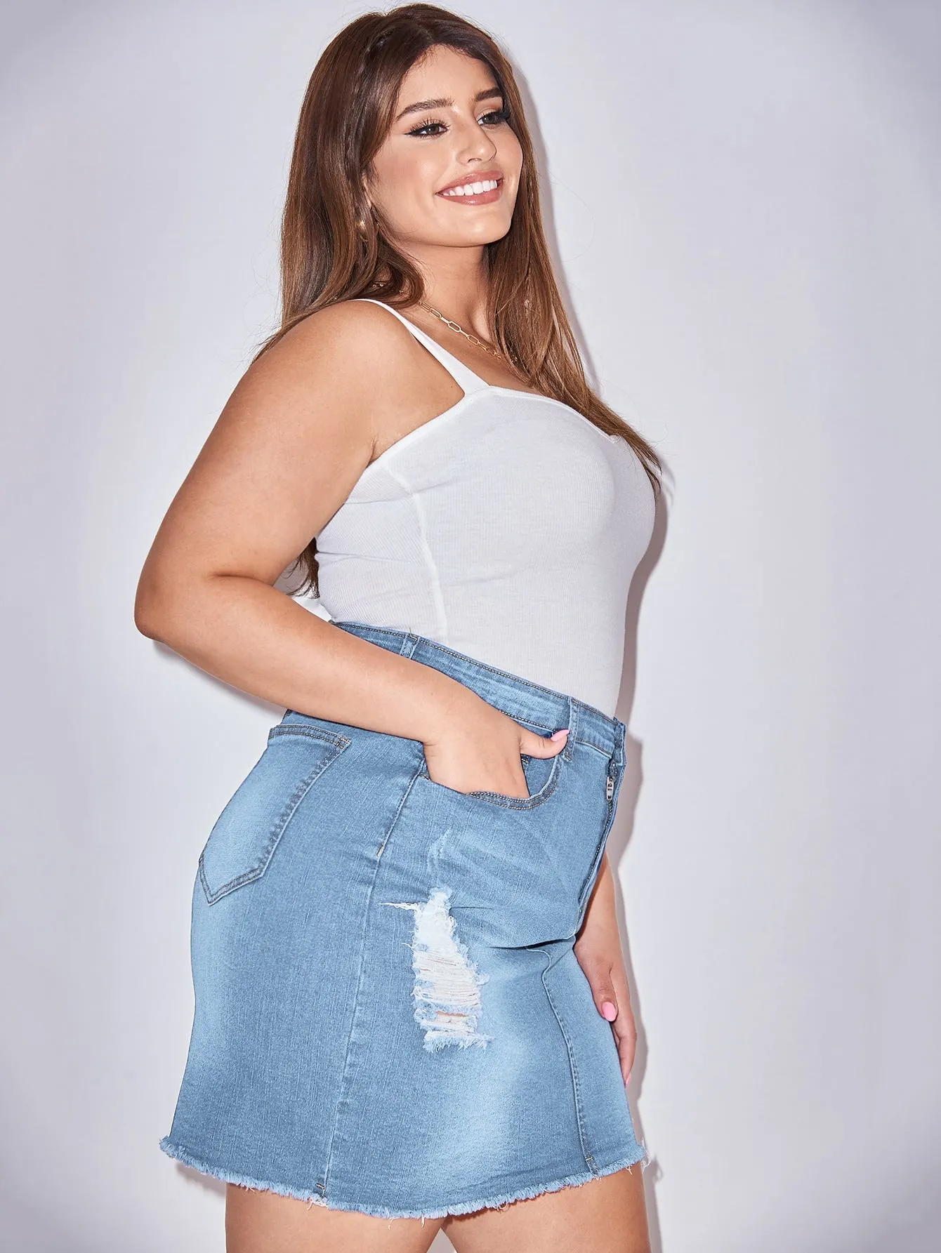 Plain Zipper High Waist Mini Plus Size Denim Skirt