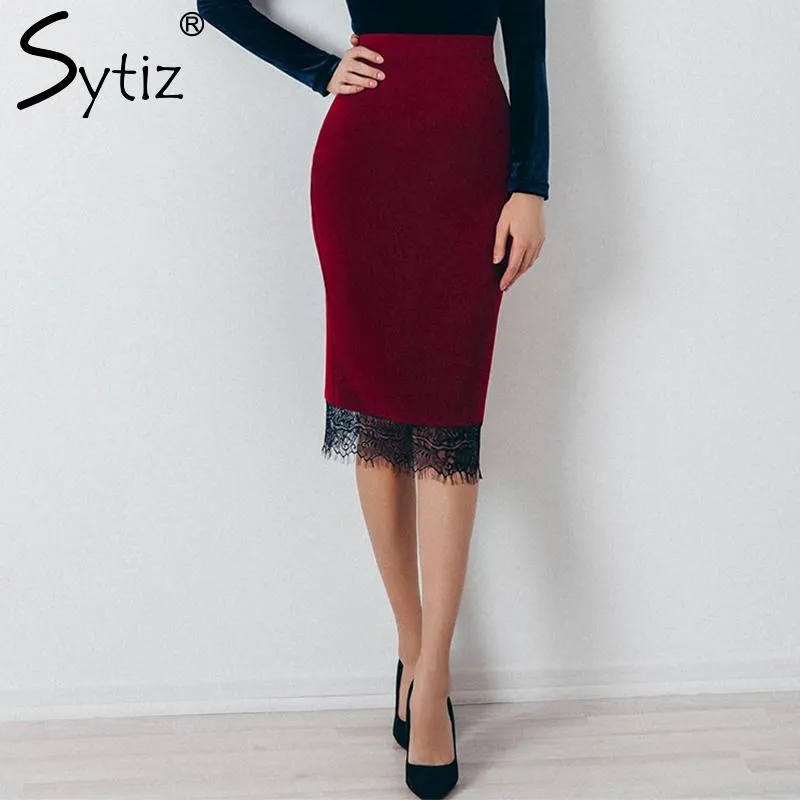 Sytiz Wine Suede Embroidery Skirt Bodycon Elegant 2017 Fashion Trend Knee-Length Empire Solid Pencil Women Skirts for OL Office