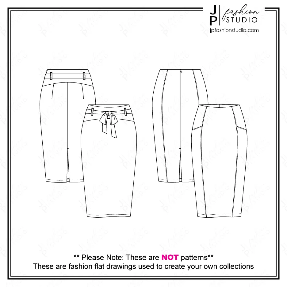 Women Pencil Skirts Sketches (2 styles) / Fashion Flat Sketches / Skirts Technical Drawings for Adobe Illustrator