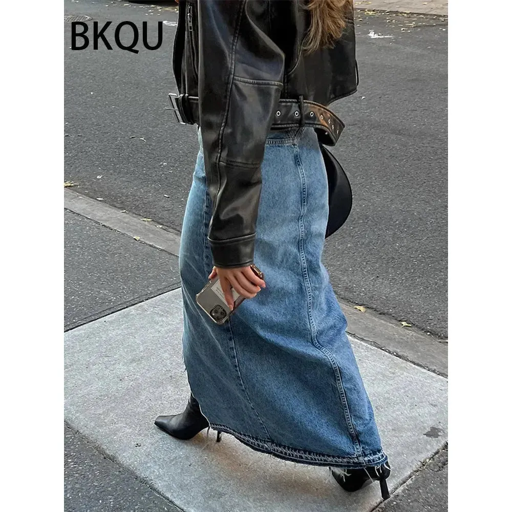 Women's High Waist Front Slit Long Denim Skirts Raw Hem