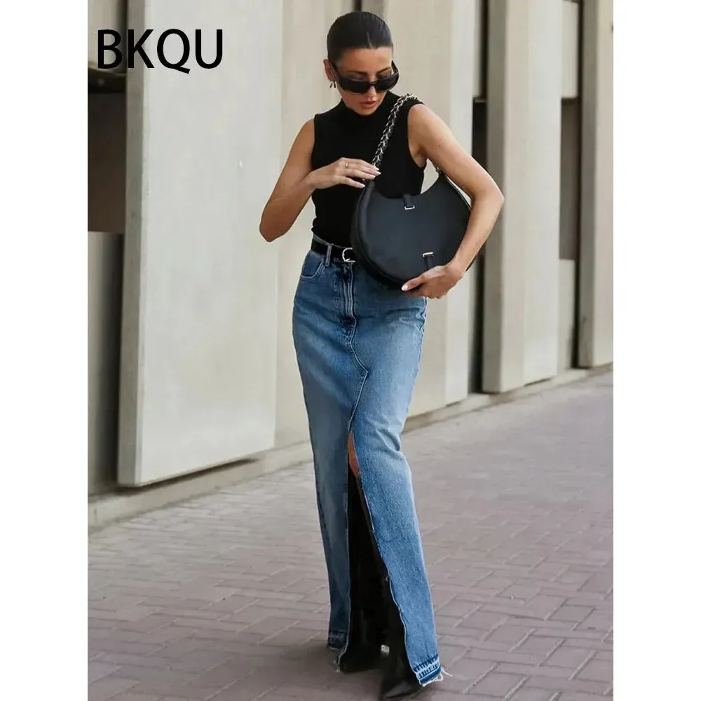 Women's High Waist Front Slit Long Denim Skirts Raw Hem